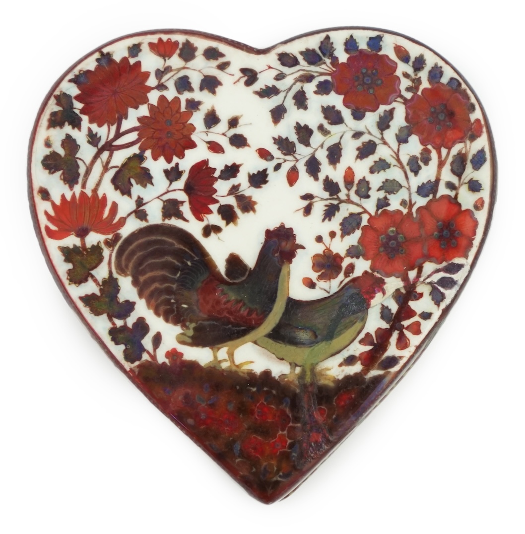 An early Zsolnay flambé lustre heart shaped box and cover, late 19th century